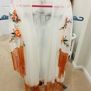 Cato White Sheer Embroidered Kimono Coverup with Orange Fringe
